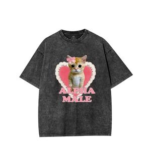 Alpha Male Kitten Graphic Tee Acid Wash Oversized Grey T-Shirt